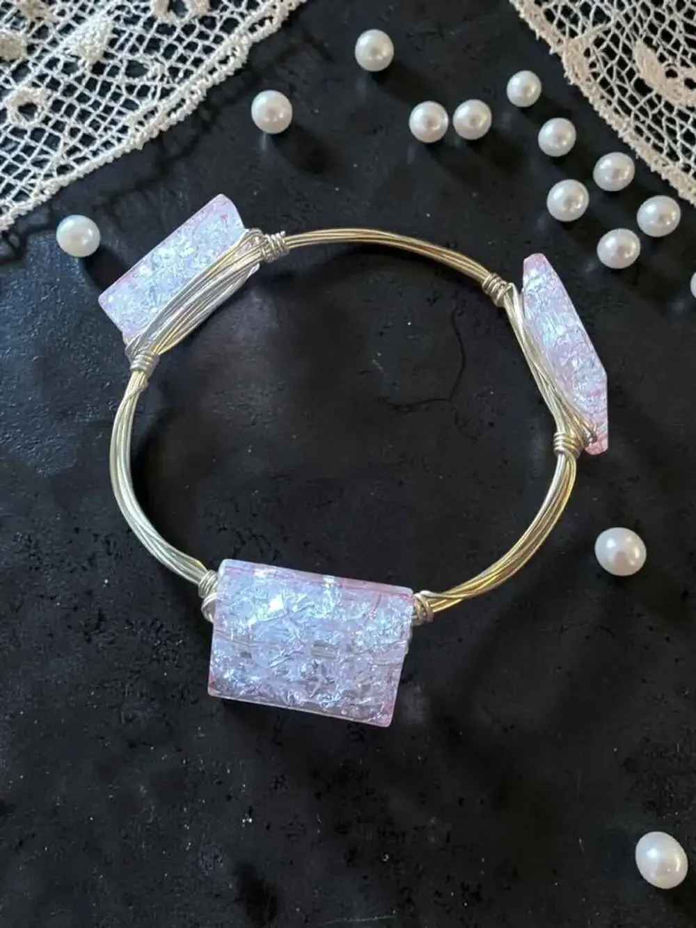 Handmade Pink Crackle Glass Wire Wrapped Bangle Bracelet